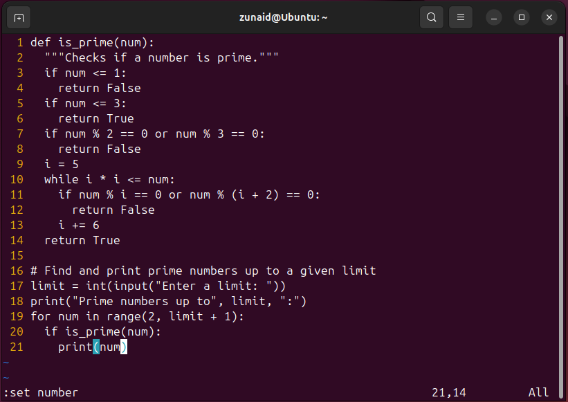 Text in Vim displayed along with line numbers.