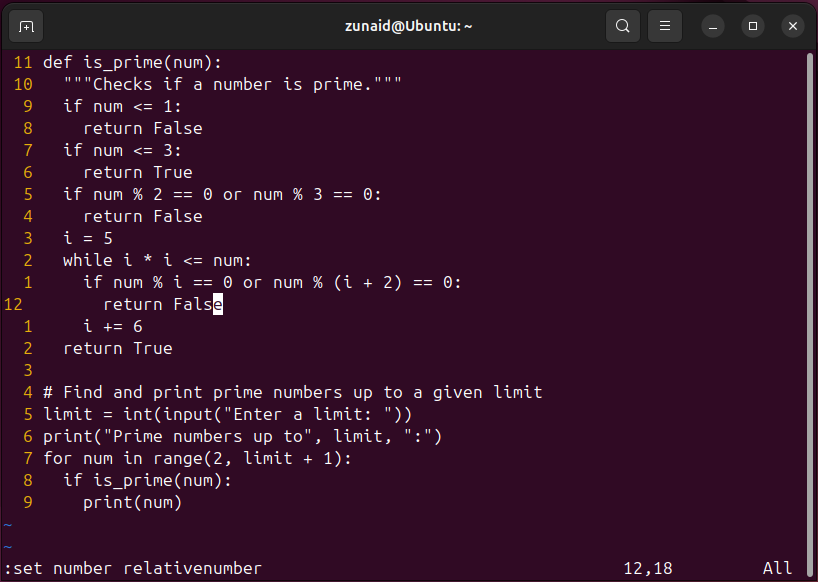 Text in Vim displayed in a hybrid numbering scheming.