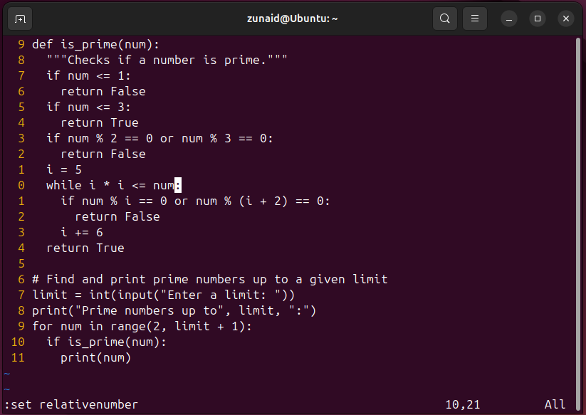 Text in Vim displayed in a relative number scheming.