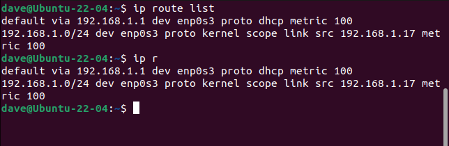 Finding out the default gateway using the ip command.