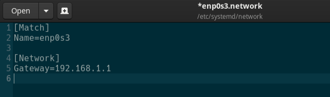 The Gateway= line in the interface-specific network config file.