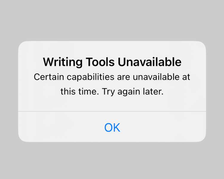 Screenshot of the Writing Tools Summary error when trying to organize text as table.