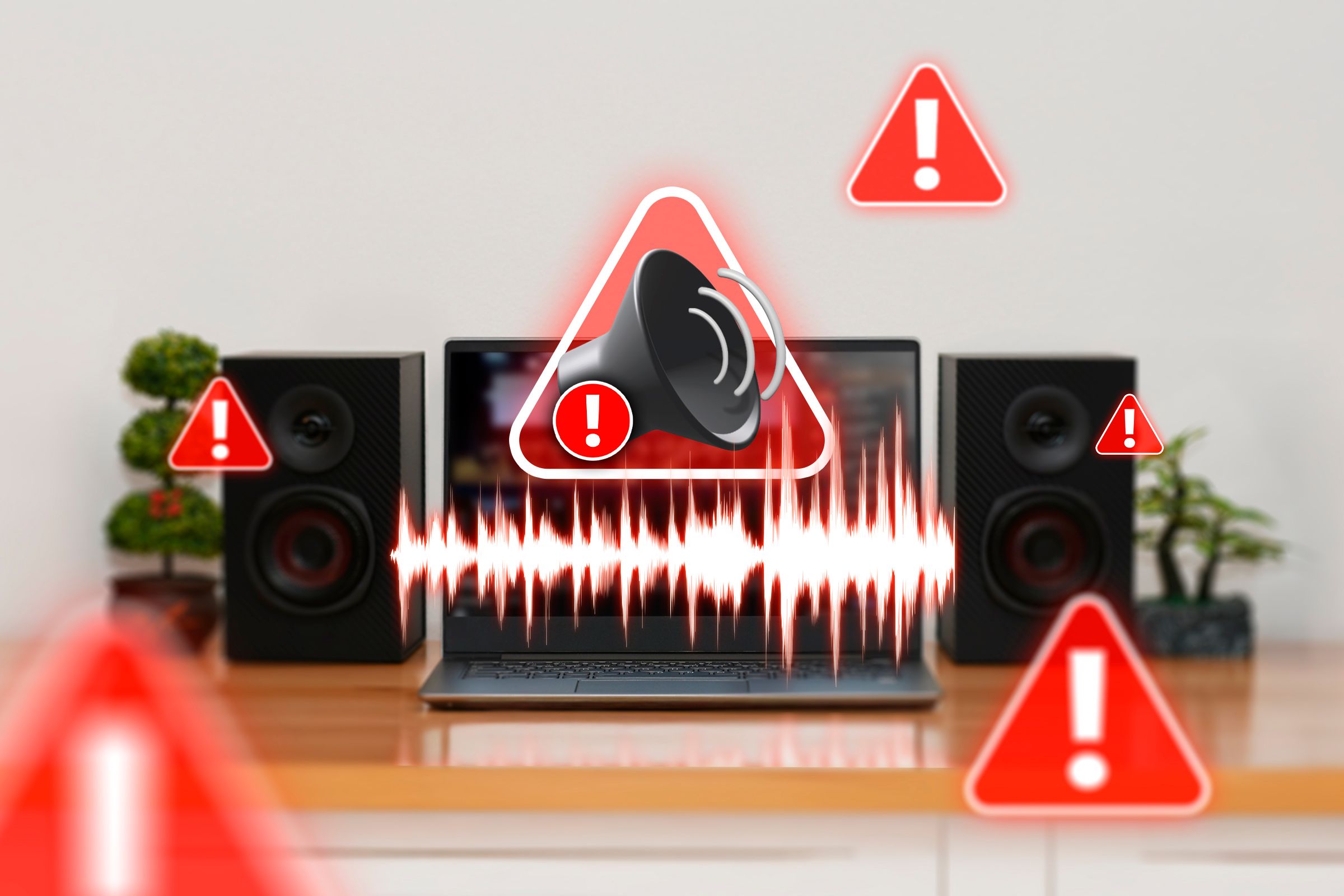 A laptop with distorted audio, two speakers beside it, and warning signs around.