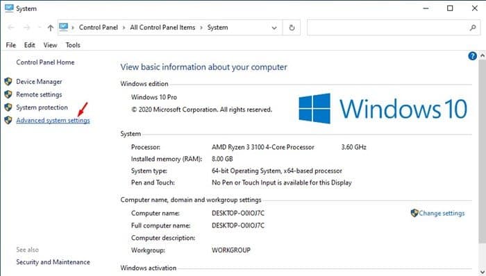 select 'Advanced System Settings'