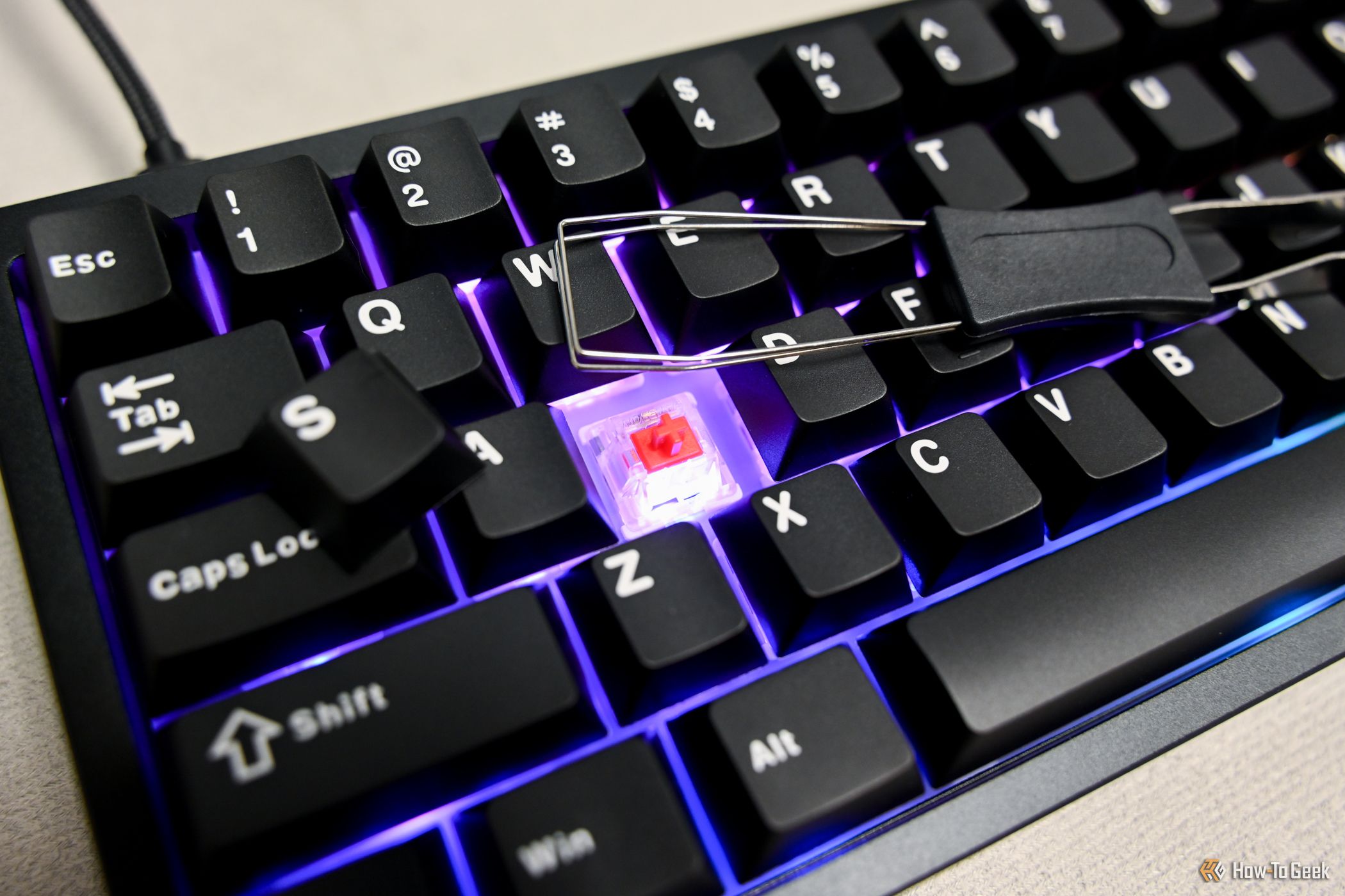 CyberPowerPC CK60 Gaming Keyboard with S key removed to show Gateron Red linear switch