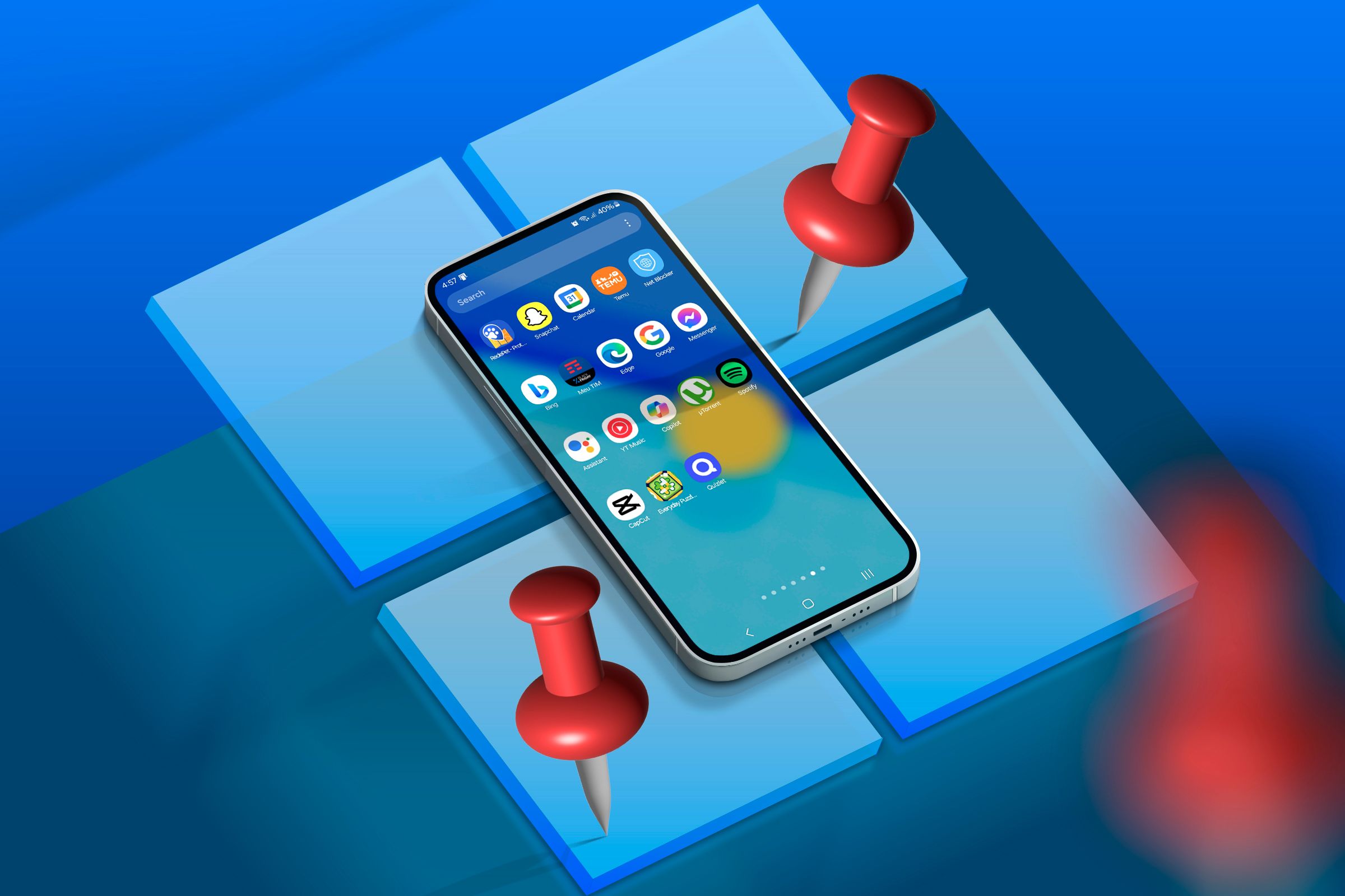 Windows logo with a smartphone above it in the app drawer and some pins around it.