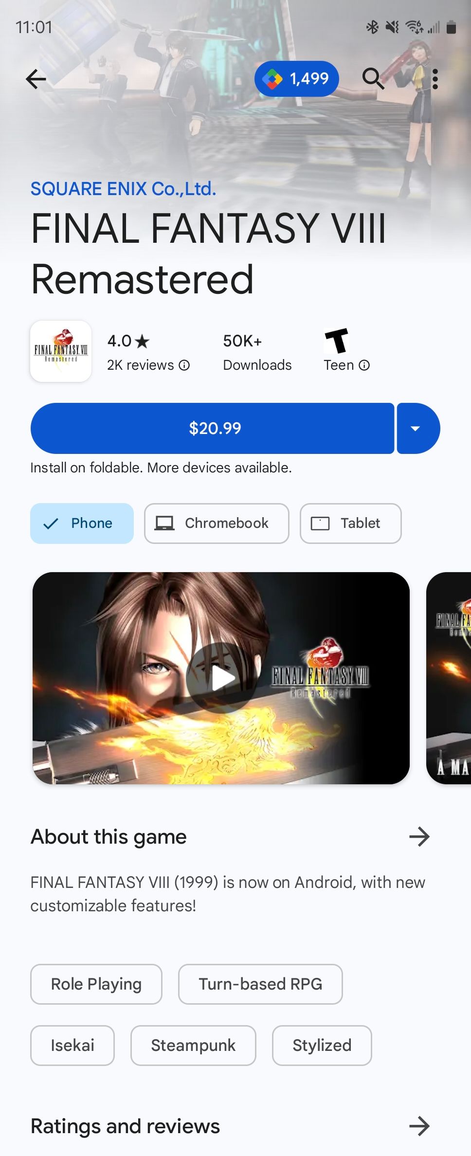 Final Fantasy VIII available for Android in the Play Store.