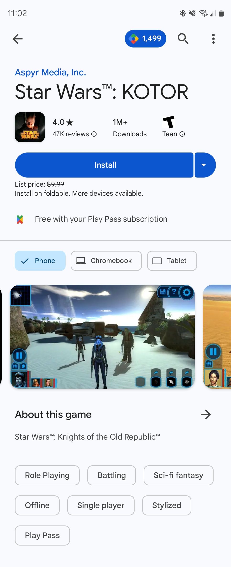 Star Wars KOTOR available for Android in the Play Store.