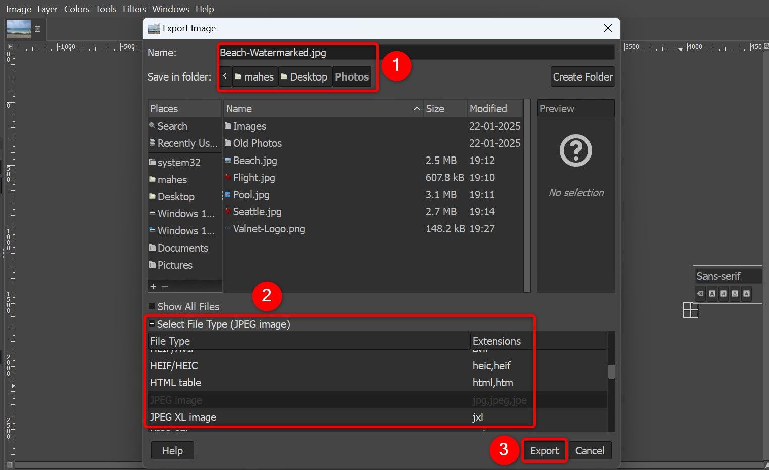 Various options highlighted on GIMP's "Export Image" window.