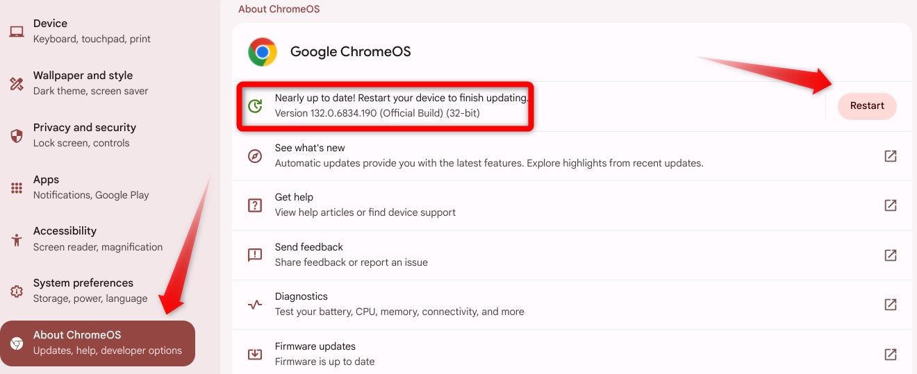 Restarting Chromebook to install an update.