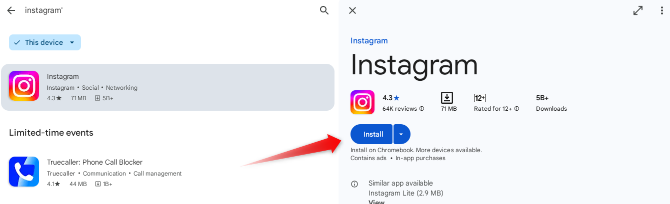 Installing Instagram from Play Store on Chromebook.