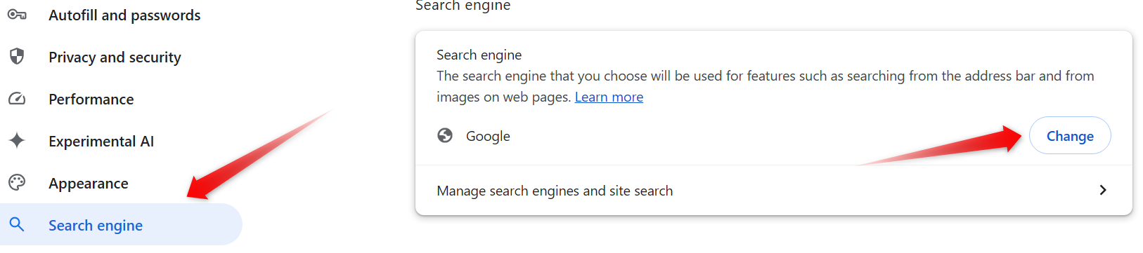 Changing search engine in Chrome settings.