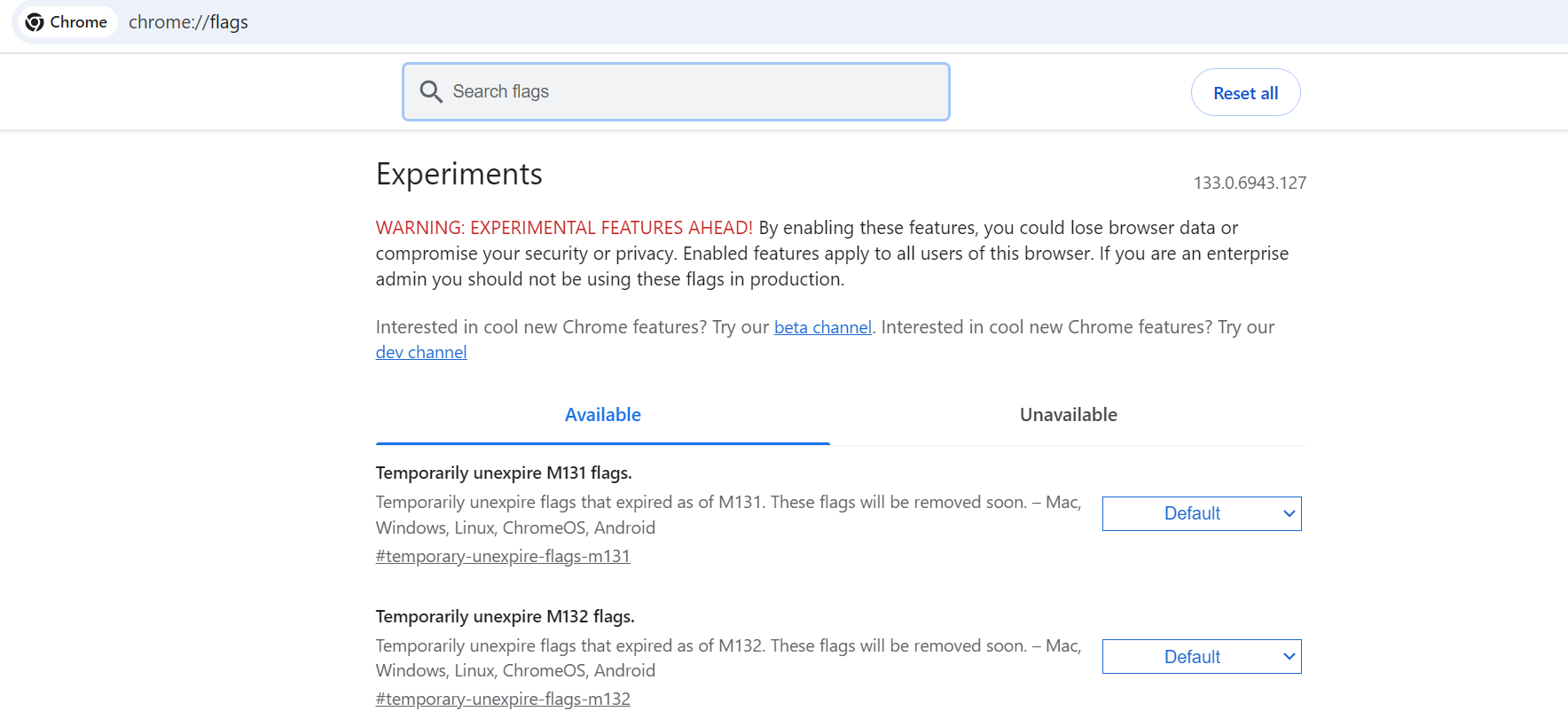 Chrome flags page.