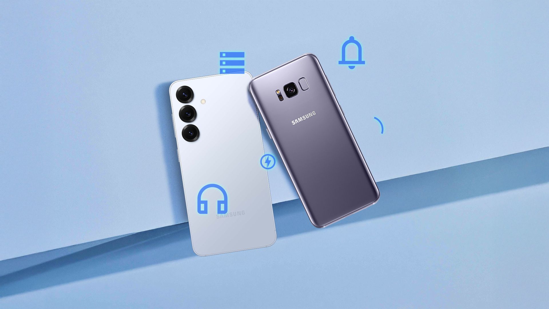 A Galaxy S25 next to a Galaxy S8 and some icons around.