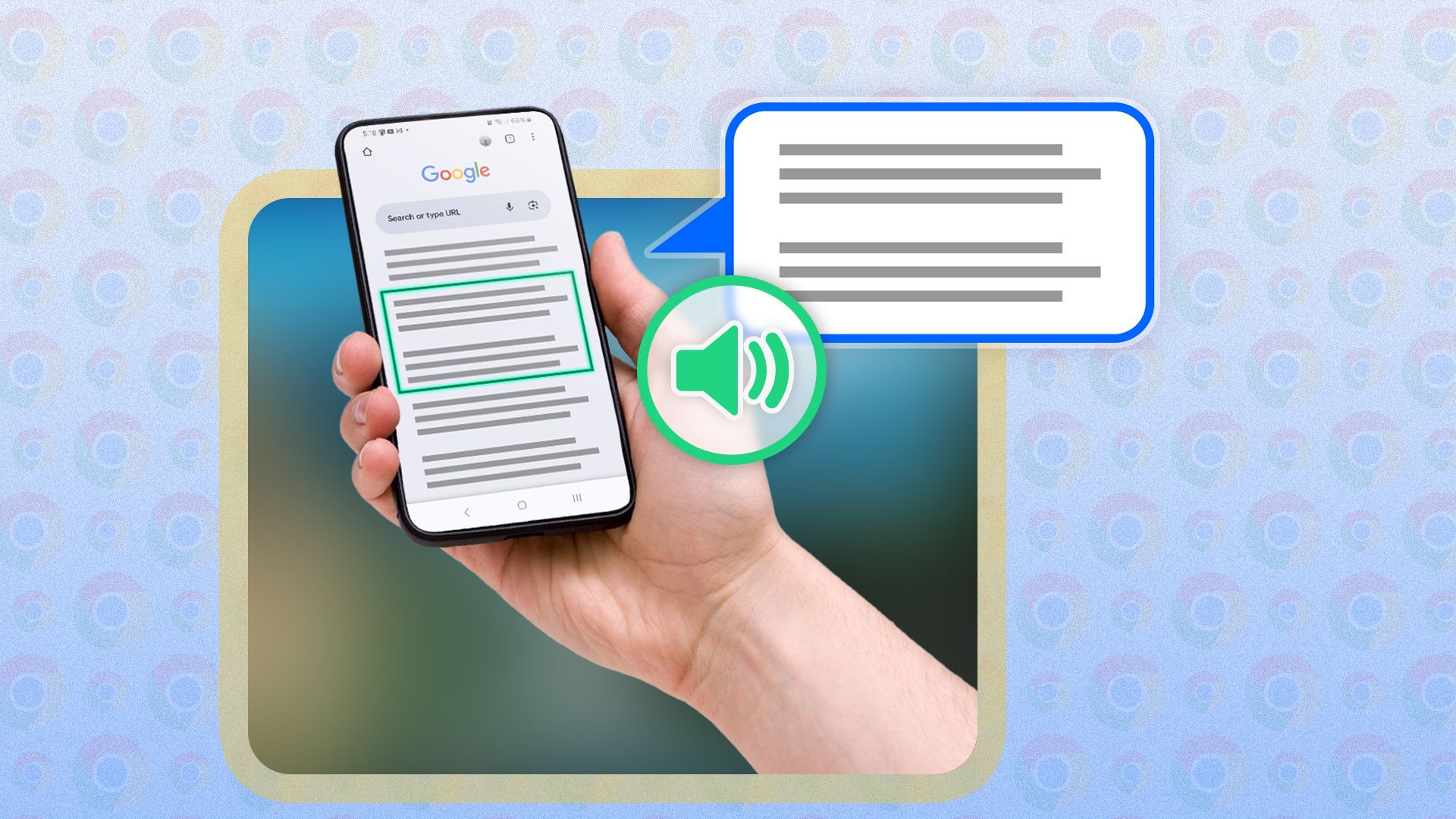 A hand holding a smartphone with an illustration of a screen reader.