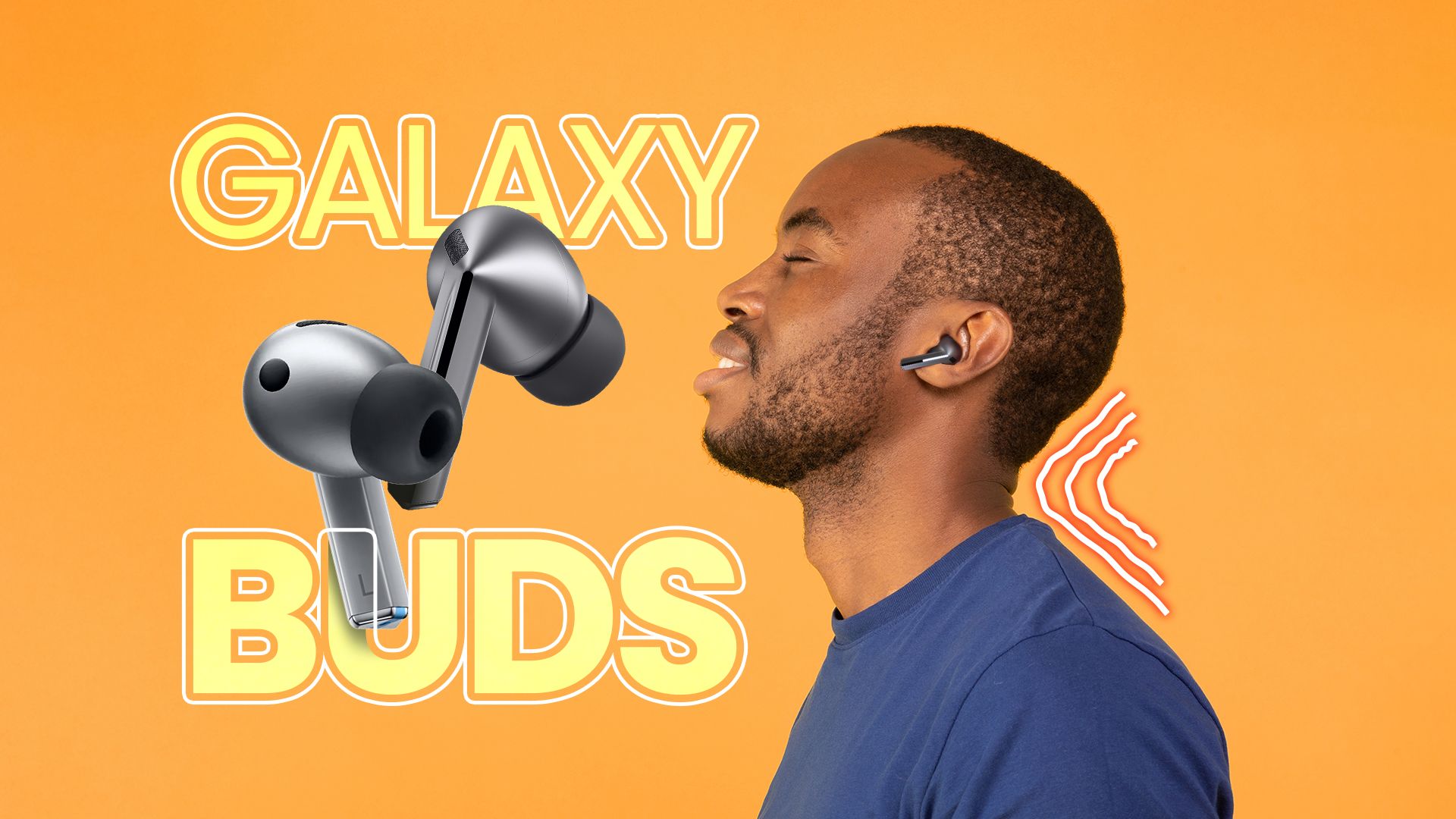 A man stretching his neck with a Galaxy Buds 3 next to him.