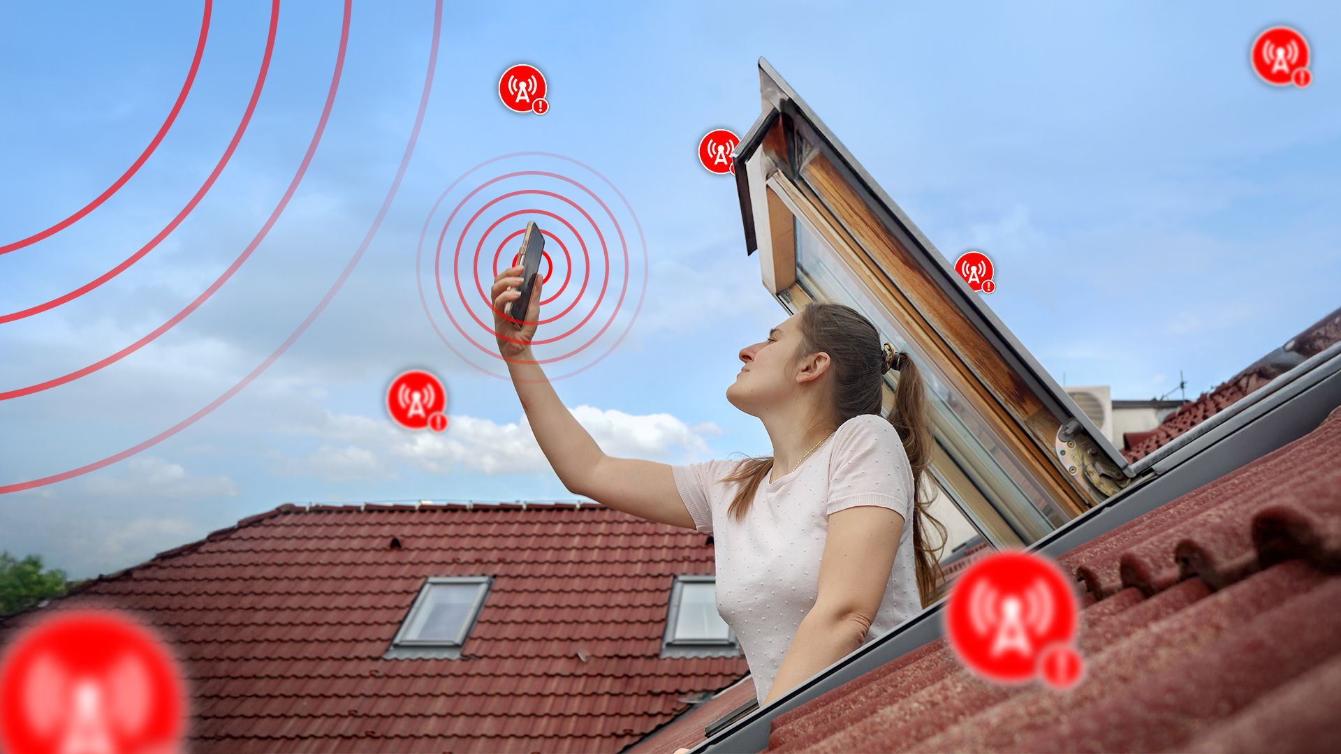 A woman at the attic window trying to get a cell phone signal.