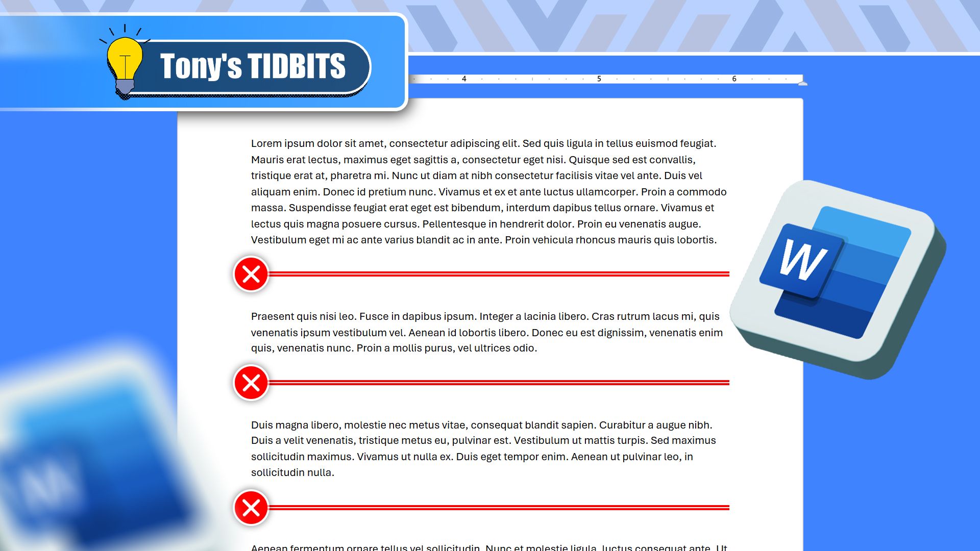 A Word document with three lines, each with a red 'X' icon next to it, and the Word logo.