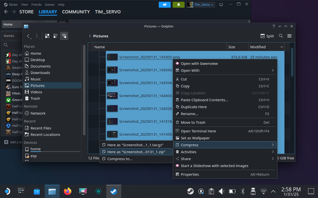 Compress multiple screenshot files to transfer at once.