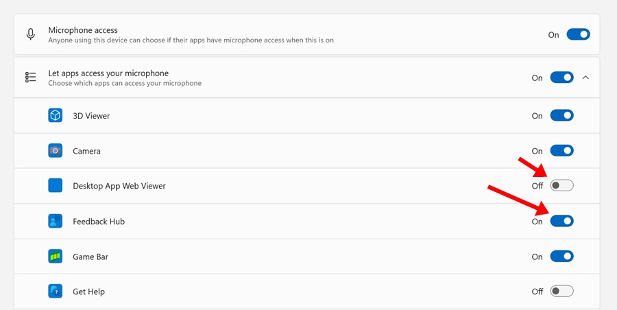 enable or disable the Microphone access for the apps