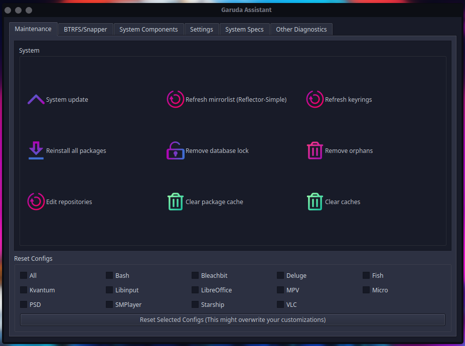 Garuda Assistant window on a Garuda Linux Dragonized desktop.