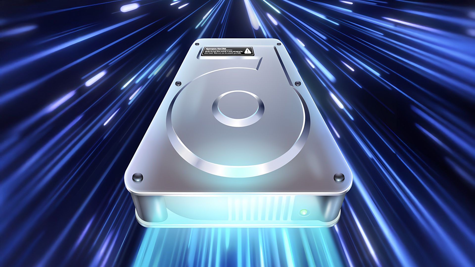 Hyperspace logo of a hard drive flying through space.
