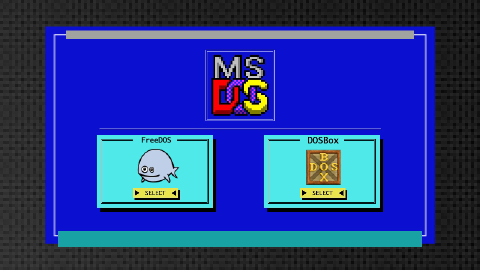 Illustration of a terminal with the MSDOS logo and the logos of FreeDOS and DOSBox below.