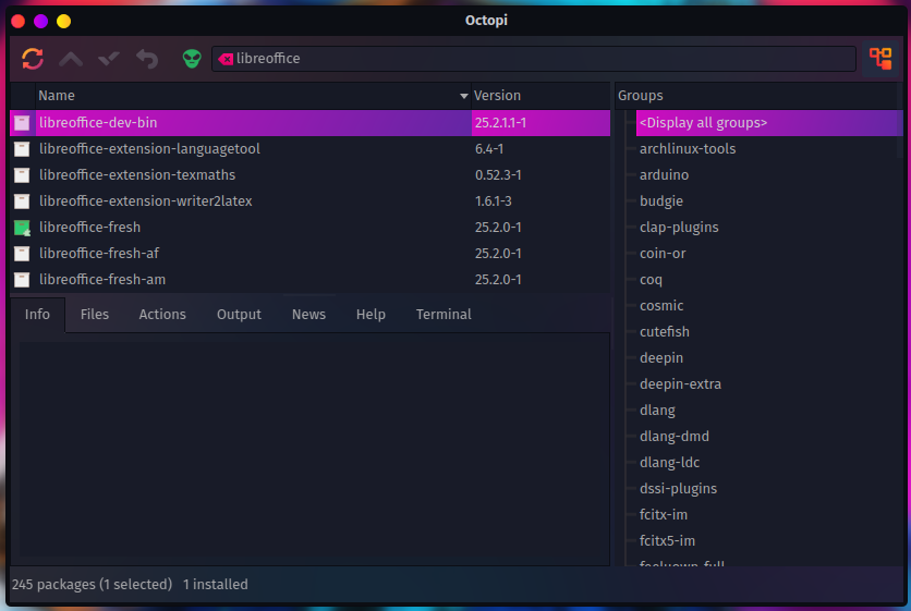 Octopi package manager in Garuda Linux, with several LibreOffice packages visible.