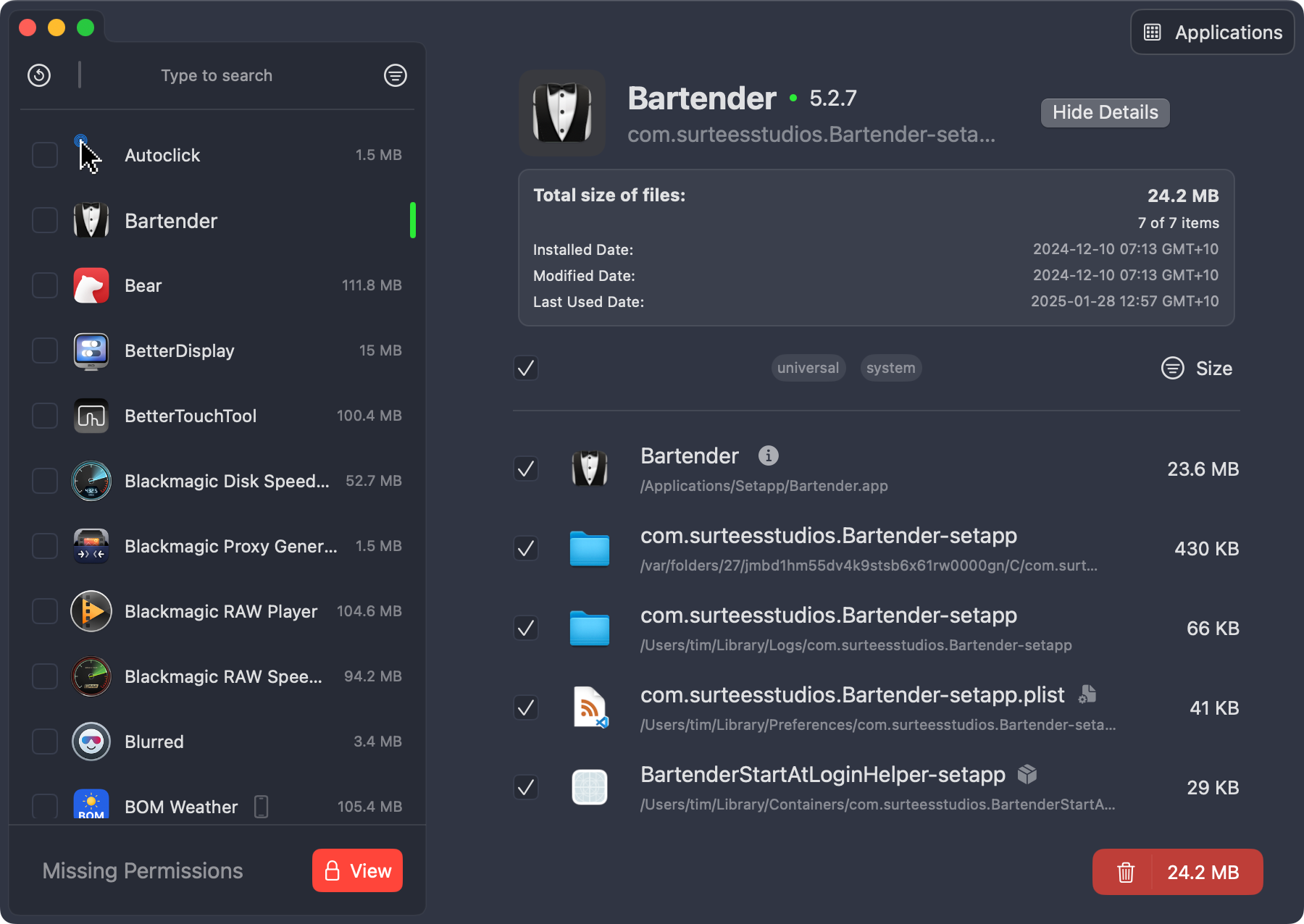 PearCleaner list of applications to remove.