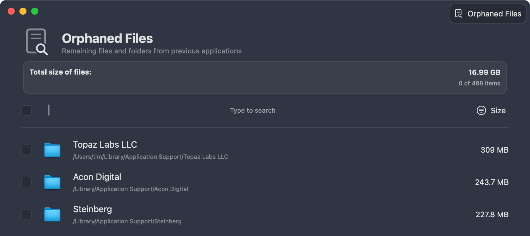 PearCleaner orphaned files list.