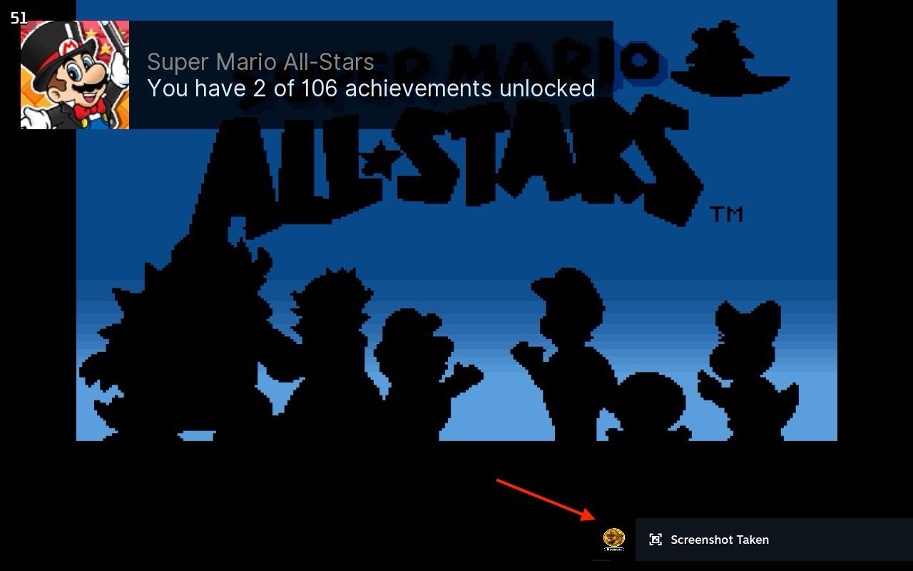 RetroAchiements game overview overlay with screenshot indicator.