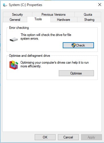 Click on the 'Check' under the Error-checking