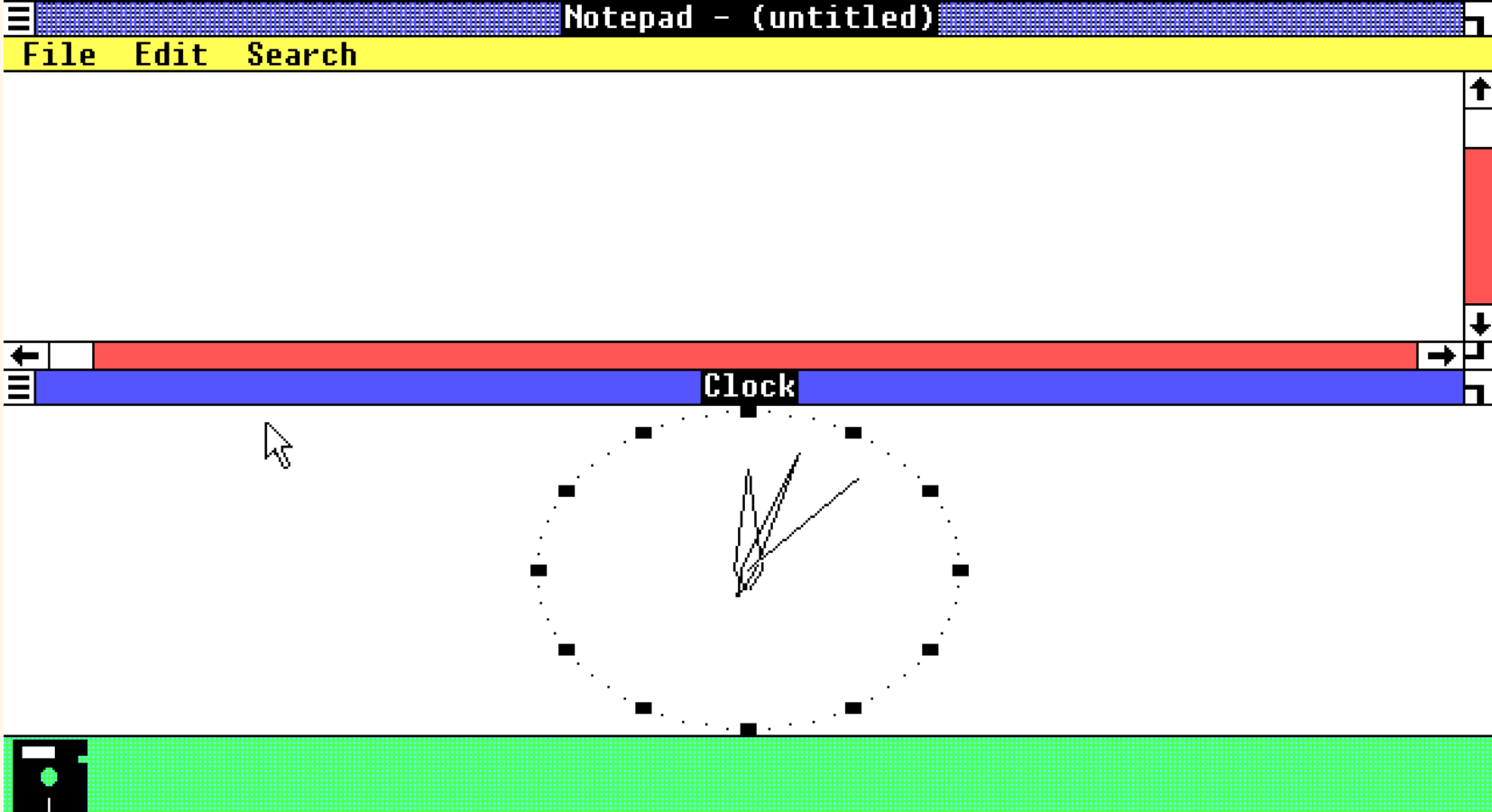 Windows 1.01 showing the Clock and Notepad apps.