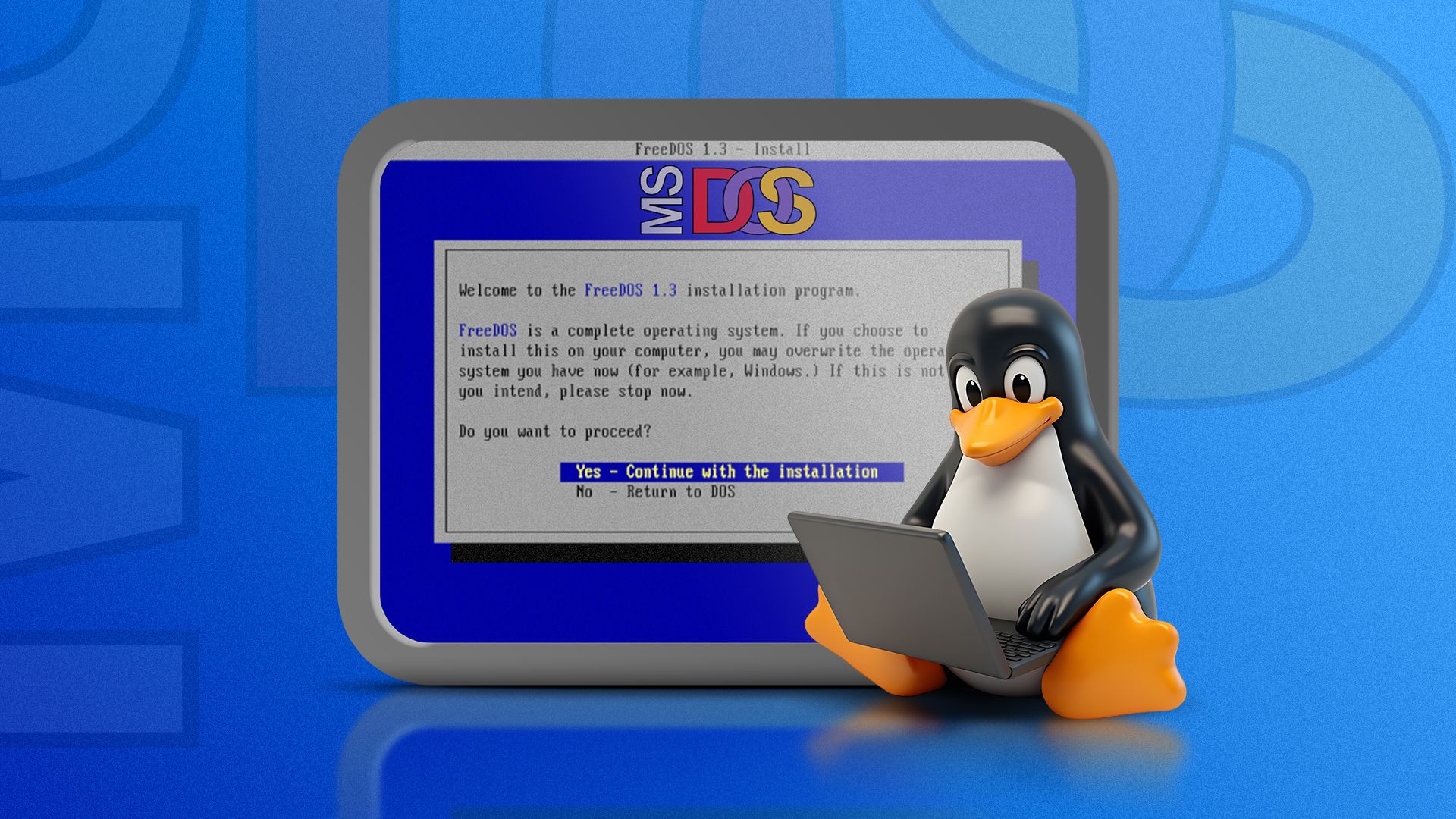 The Linux mascot using a laptop, with a FreeDOS screen in the background.