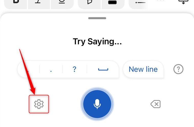 The Settings cog in the activated transcription tool in the Microsoft Word iOS mobile app.
