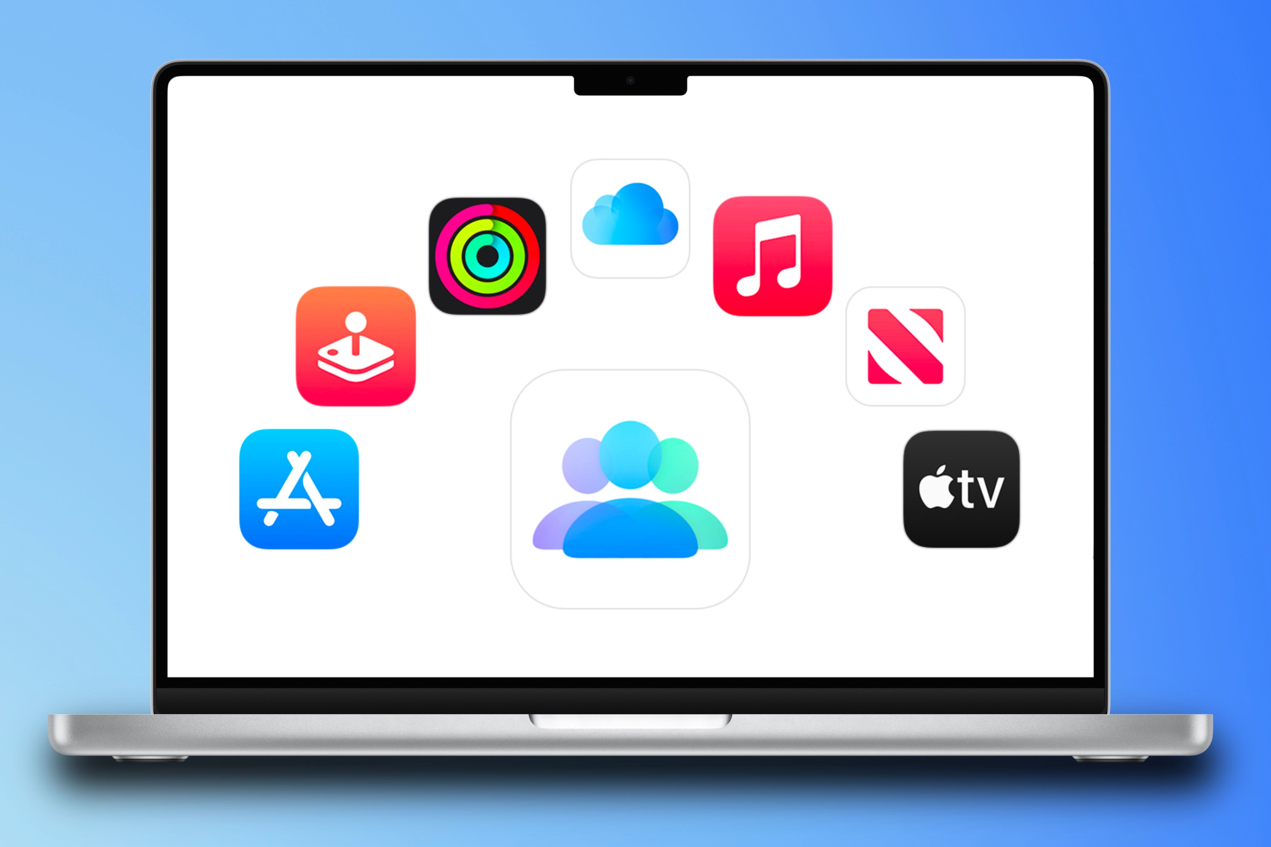 Family Sharing icon surrounded by services available with an Apple One subscription showcased on a MacBook Pro in front of a colorful blue background.
