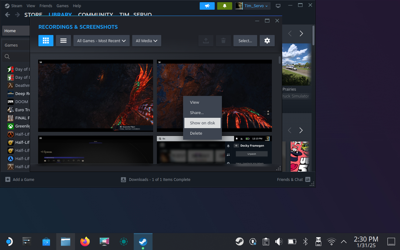 Use the Show on Disk option to locate screenshots on SteamOS.