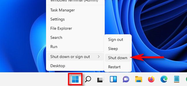 Right-click Start, then select "Shut down or sign out," then pick "Shut down."