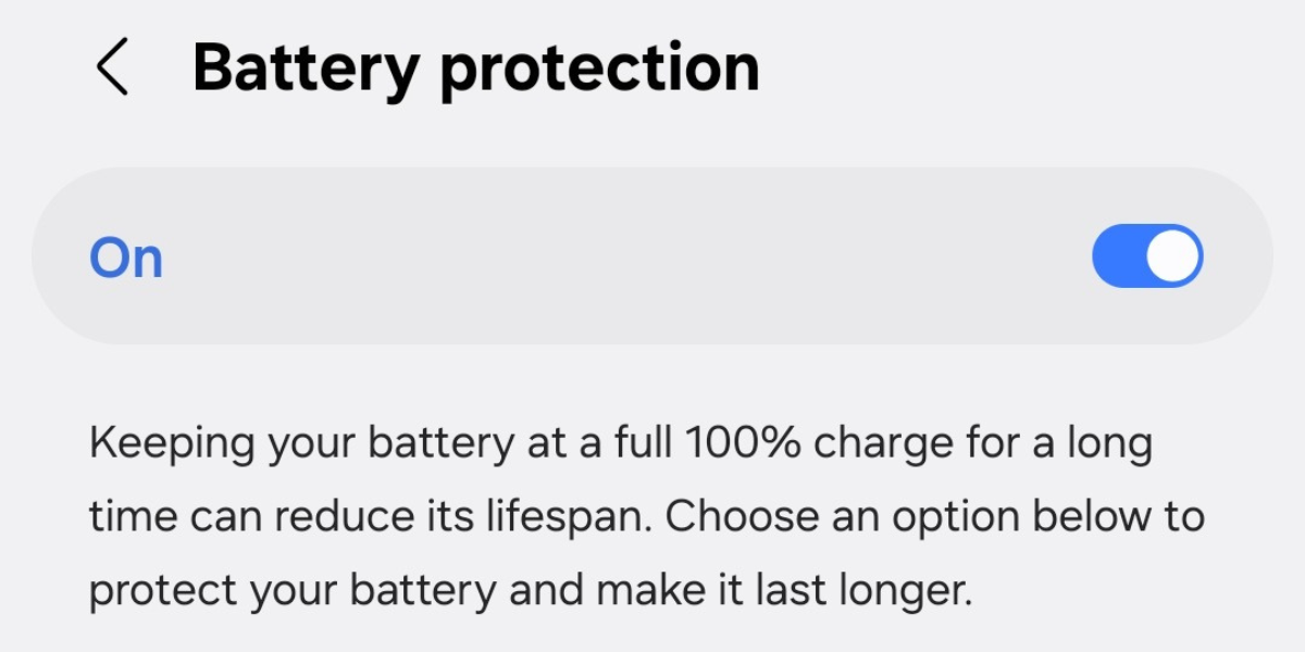 Screenshot of the Battery Protection feature's toggle on the Galaxy S25.