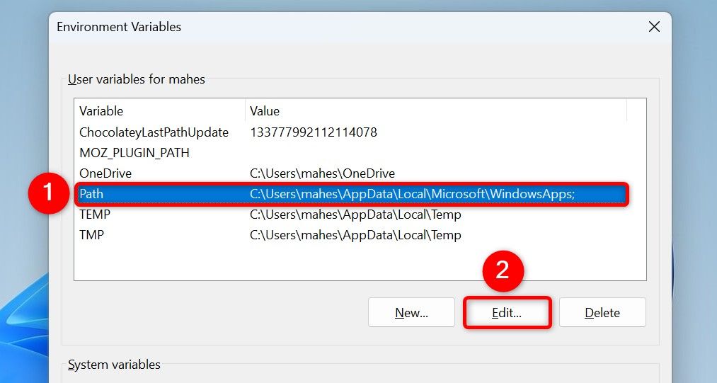 "Path" and "Edit" highlighted on the "Environment Variables" window.