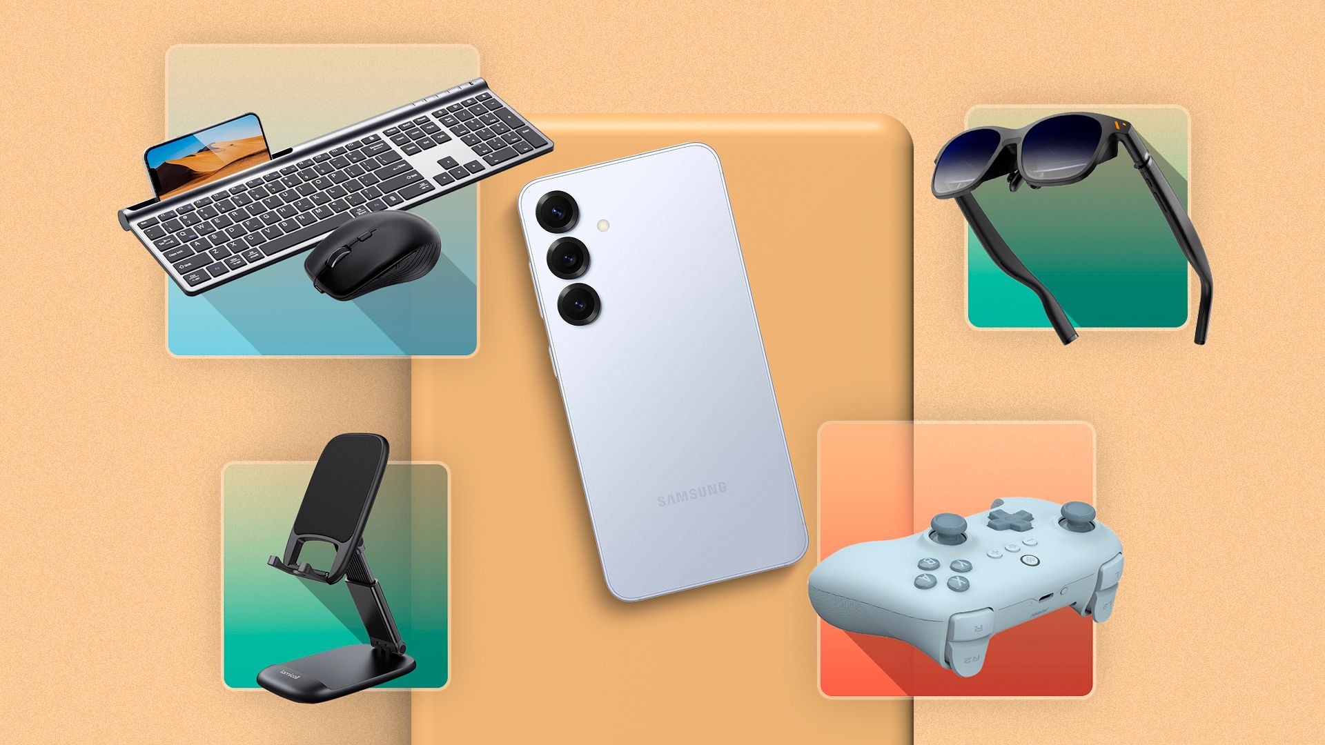 A phone on a surface with some accessories around it.