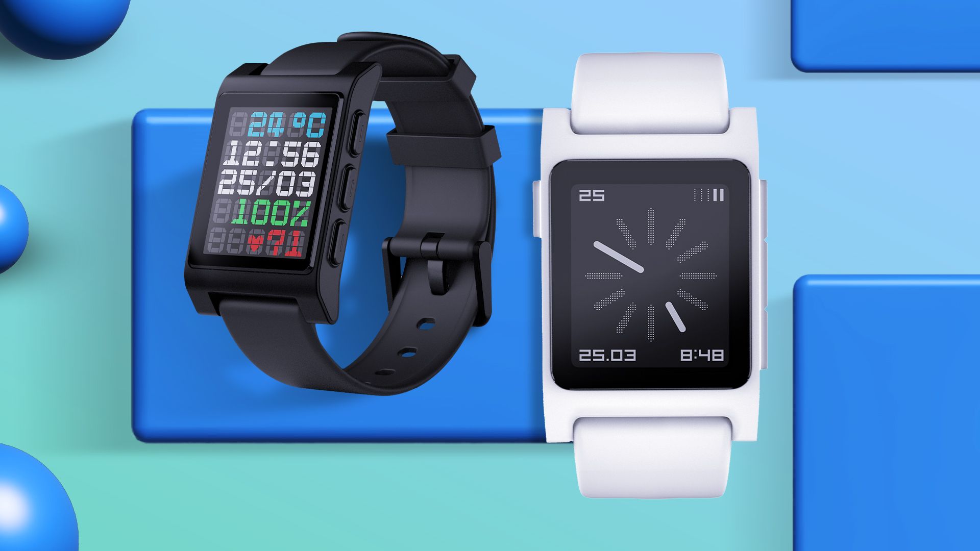 Two Pebble watches side by side.