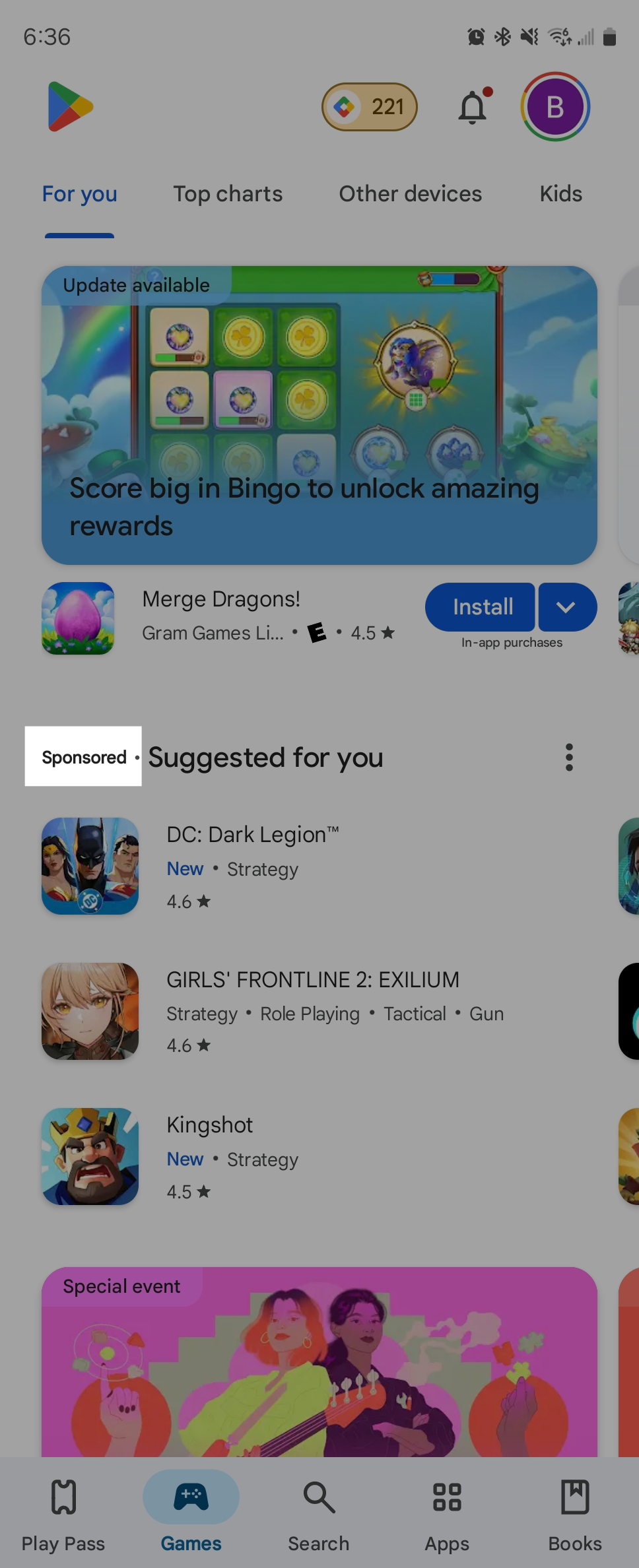 Sponsored games in a list on the Play Store.