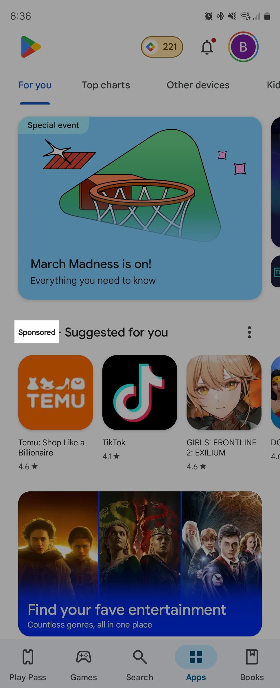 Sponsored games in a grid on the Play Store.