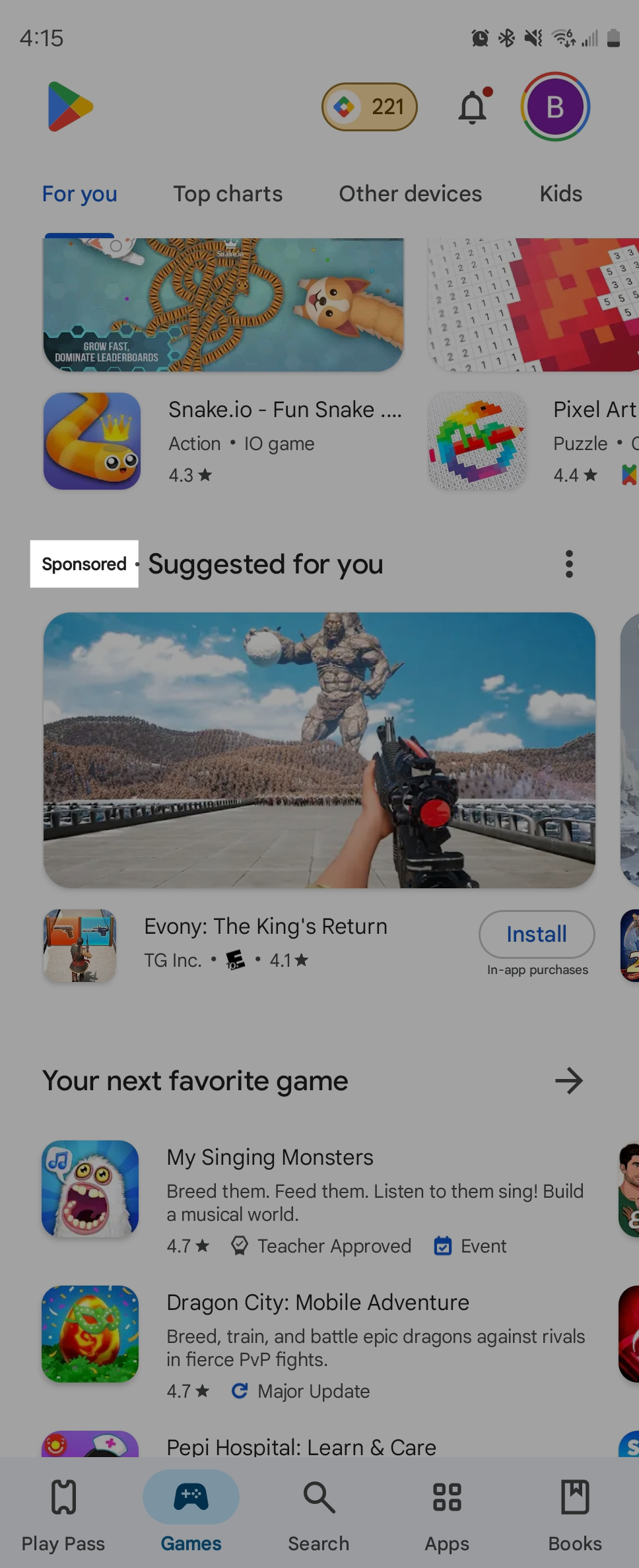 Sponsored games in a carousel on the Play Store.