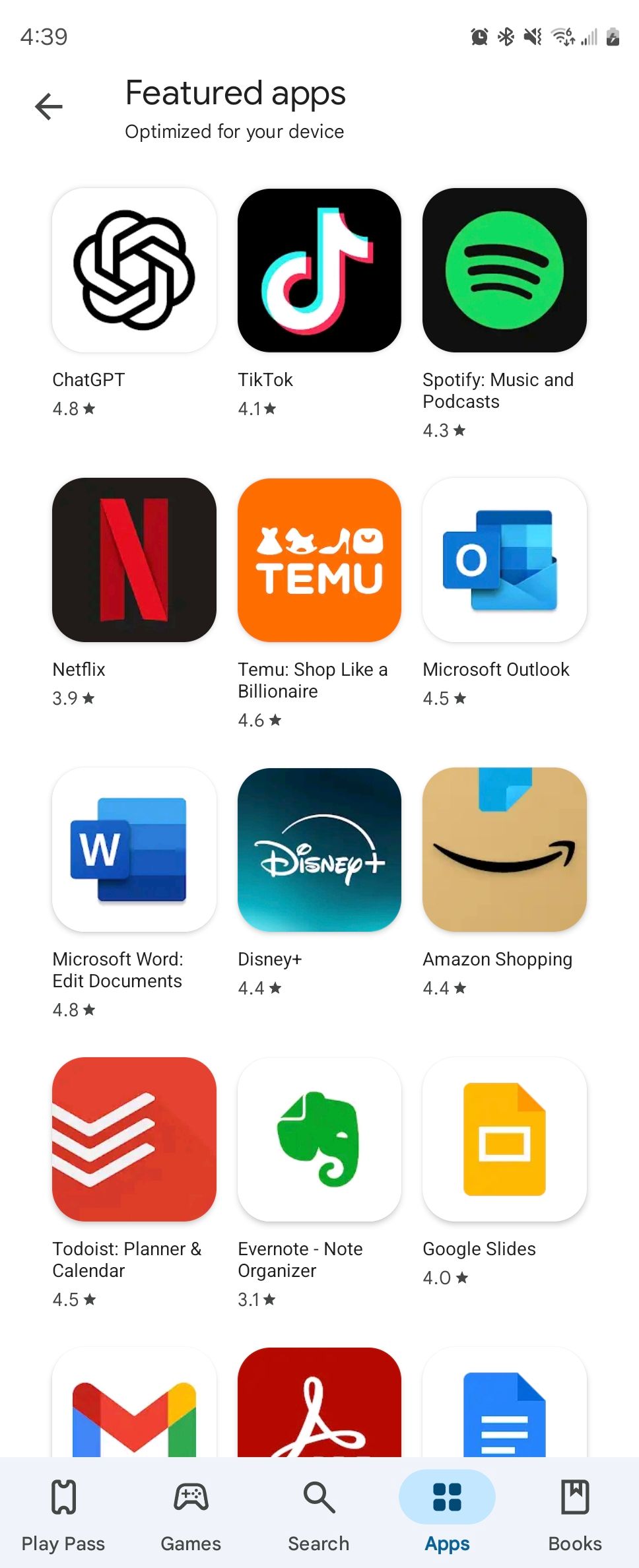 Featured apps in the Play Store.