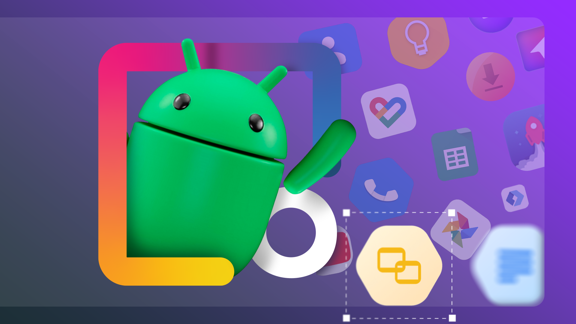 Android mascot emerging from the Icon Pack Studio logo, with some icons beside it.