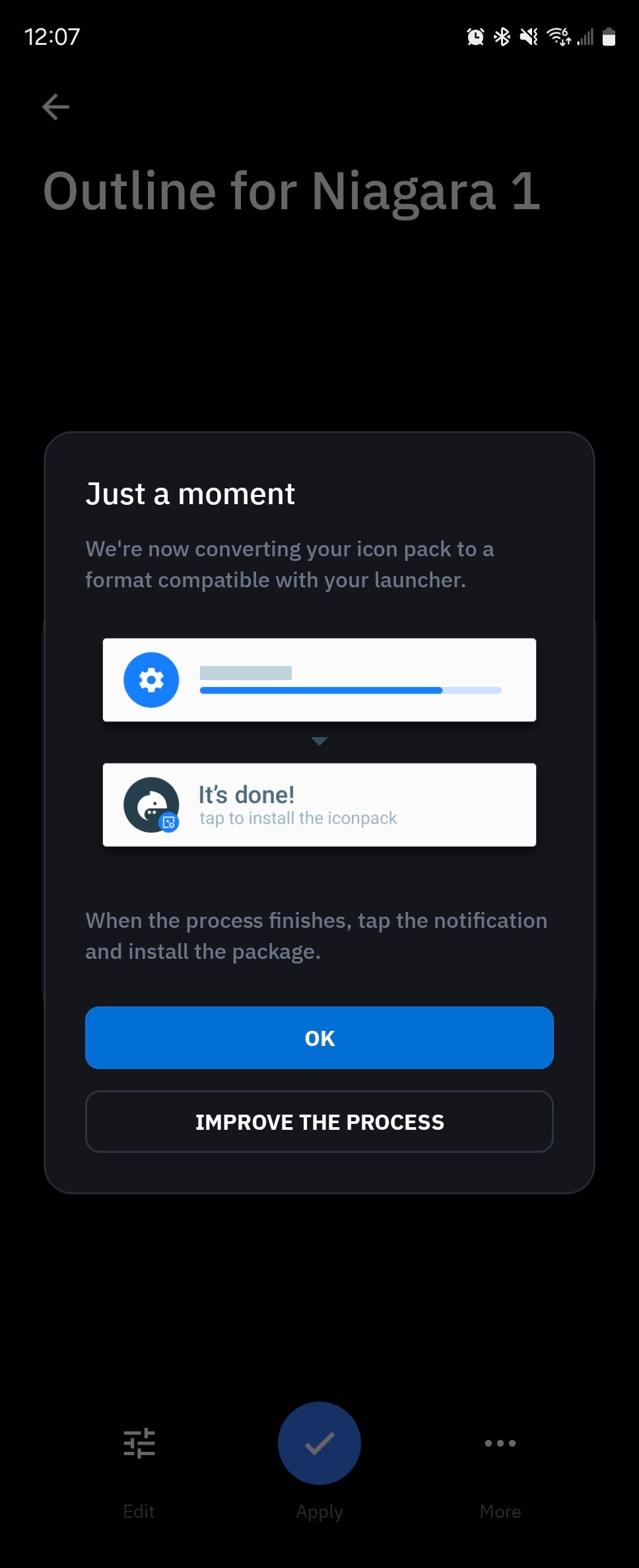 Exporting a theme to an APK file in Icon Pack Studio.