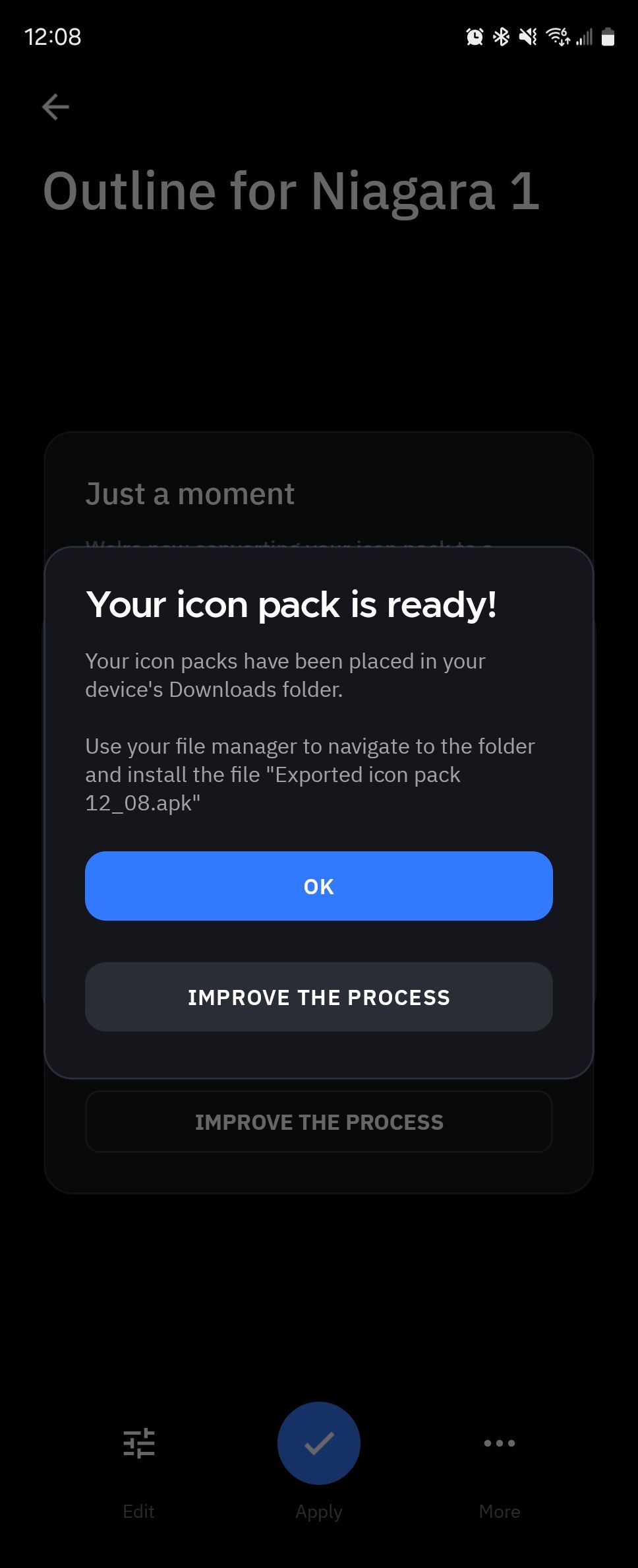 A prompt that a theme is ready in Icon Pack Studio.