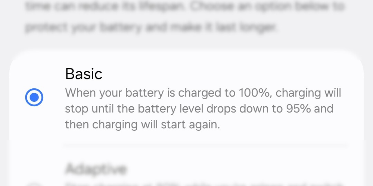 Screenshot of the Basic battery protection profile on the Galaxy S25.